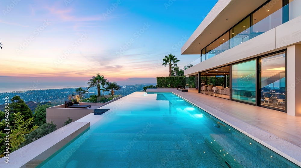 A contemporary villa showcasing clean lines, expansive glass walls, and an infinity pool overlooking breathtaking views for a luxurious living experience.