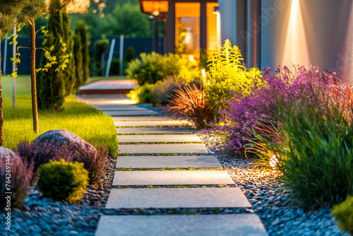 Modern gardening landscaping design details. Illuminated pathway in front of residential house. Landscape garden with ambient lighting system installation highlighting flowers plants. Late evening