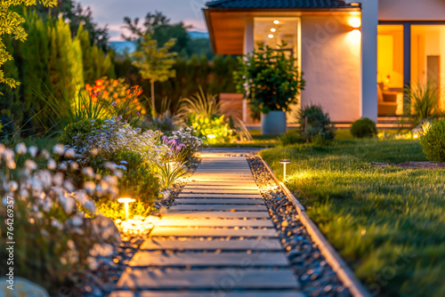 Modern gardening landscaping design details. Illuminated pathway in front of residential house. Landscape garden with ambient lighting system installation highlighting flowers plants. Late evening