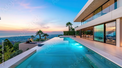 A contemporary villa showcasing clean lines, expansive glass walls, and an infinity pool overlooking breathtaking views for a luxurious living experience. © Abdul