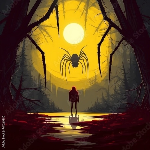 Brave hero lights way with lantern, stands in front of huge spider with sting, glowing yellow mouth with sharp teeth.
