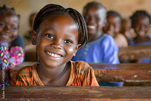 Portrait of African school girl smiling in classroom, rural village with availability of education	