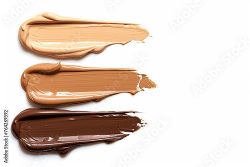 Set of three swatches of foundation texture. Light, medium and dark skin colors. White background. Space for text.