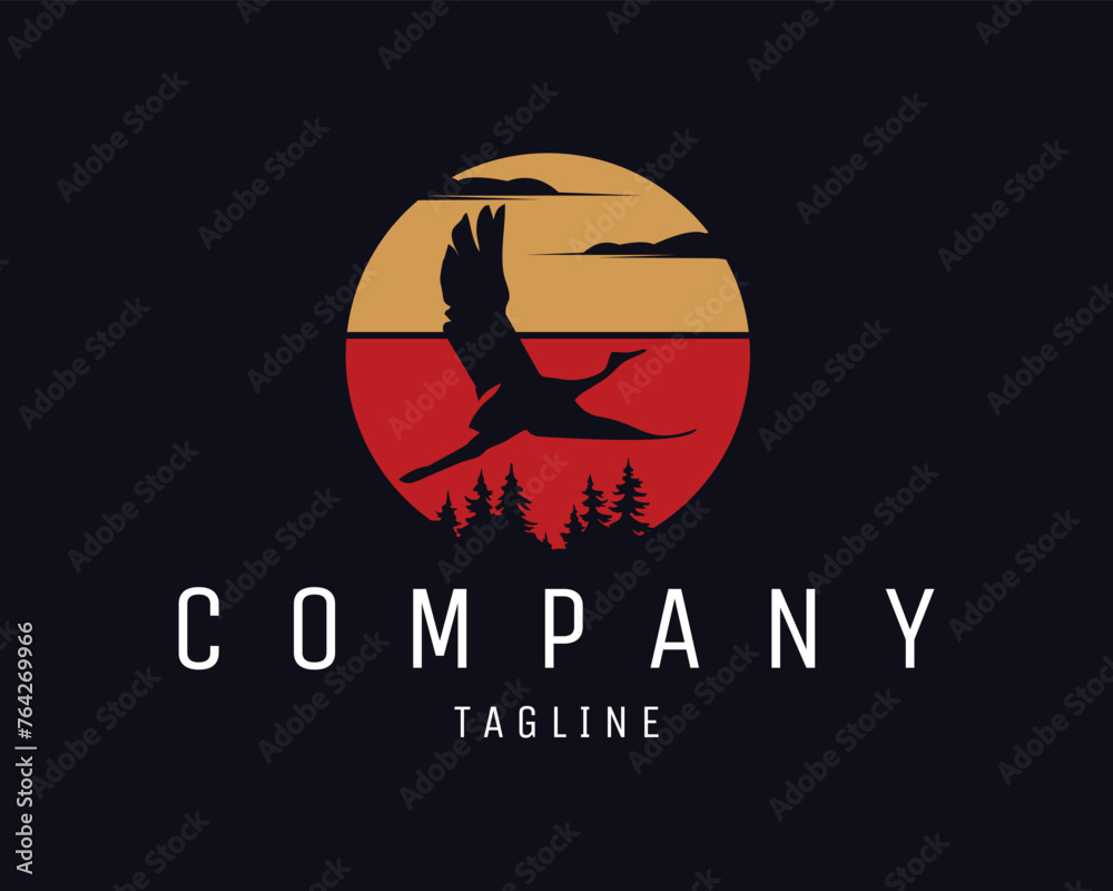 stork silhouette logo. isolated with a background of flying cranes at a beautiful twilight. best for logo, badge, emblem, icon, sticker design. available in eps 10