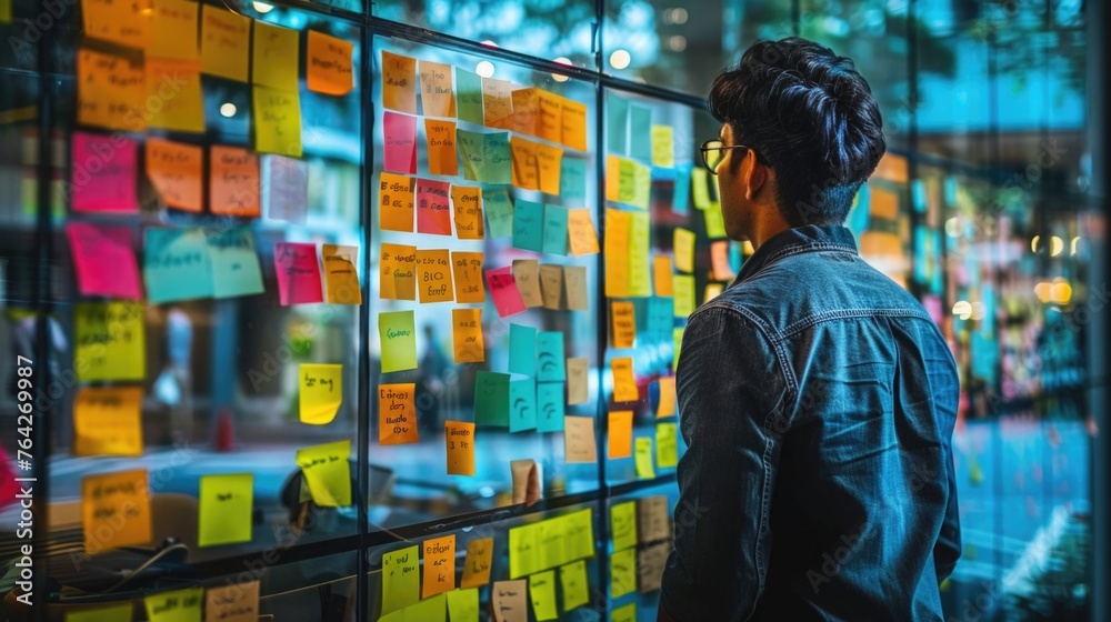 A creative brainstorming session for career rethinking with post-it notes on a glass wall