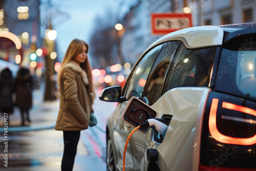 A woman stands next to a car that is charging. The car is a hybrid electric vehicle.