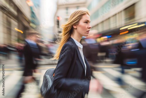 Morning rush: Confident businesswoman in hurry with business people blurred in background. Blonde businesswoman wearing suit and bag on shoulder.