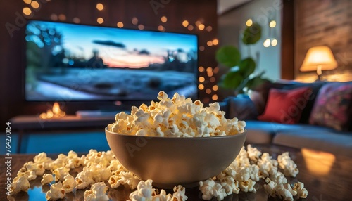 comfortable home setting featuring a bowl of popcorn in the foreground with a blurred television scree