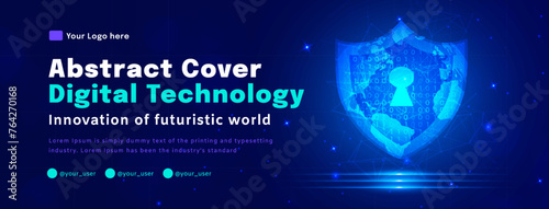 Digital technology poster cover, Security secure blue background, cyber information, abstract communication, innovation future tech data, internet network connection, Ai big data, illustration vector