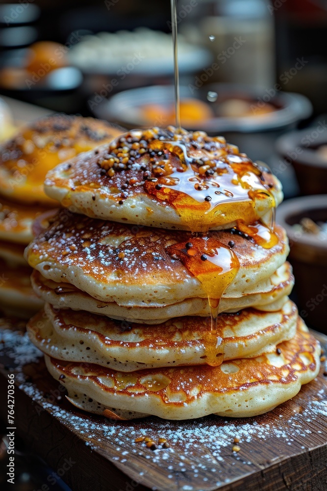 A stack of pancakes is placed on top of a wooden cutting board