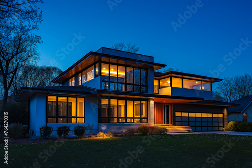 Modern luxury home or villa in dusk, with an ambient lightning. A modern home and architecture concept
