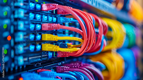 Networking and Communication Technology, Ethernet Cables in a Server Rack, Digital Infrastructure