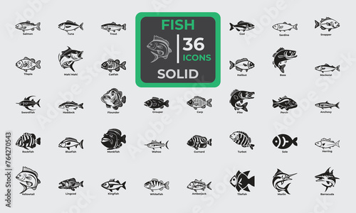 Set of 36 Solid Icon related to Fish. Solid editable icons collection. Vector illustration.