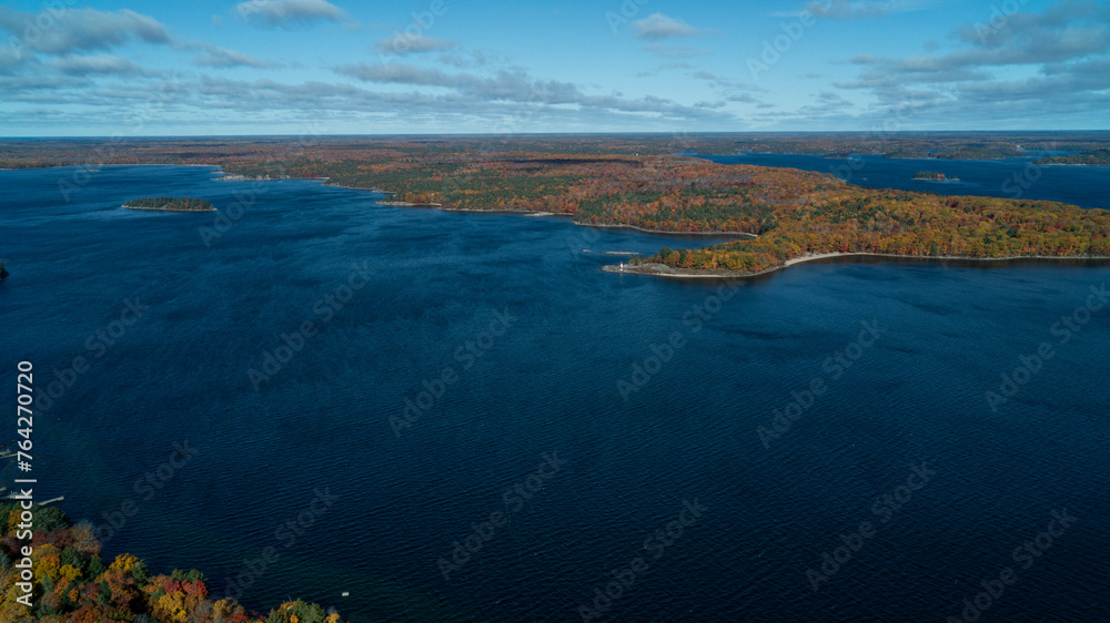 Aerial view of Killbear Provincial Park and Georgian Bay during the colorful fall
