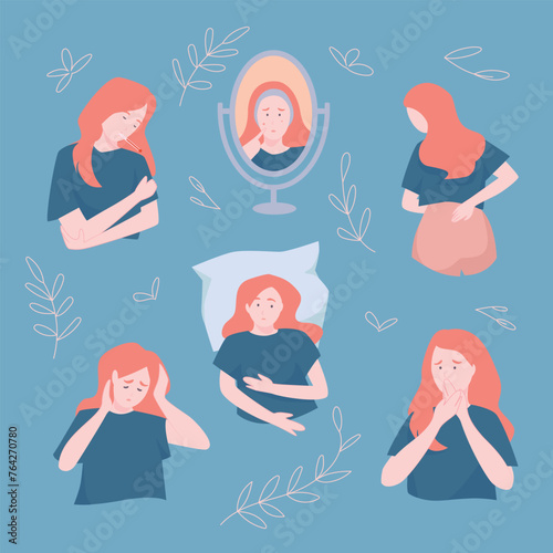 PMS. A set of women each experiencing different aspects of premenstrual syndrome. Such as: fever, acne, low back pain, insomnia, headache, nausea