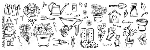 Garden doodle set, vector spring agriculture sketch, hand drawn flower illustration, farm plants. Scribble line organic floral clipart, gardening tools, seedling, nature summer element. Garden doodle