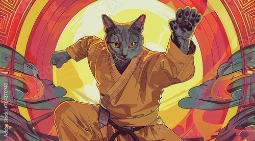Colourful Art Deco pattern with anthropomorphic gray cat dressed in martial arts clothes practicing Kung Fu