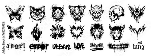 Graffiti spray paint icon set, vector urban street art, animal head, butterfly, flame, heart, girl. Gothic y2k liquid effect print, hand drawn grunge illustration, tattoo silhouette. Graffiti print