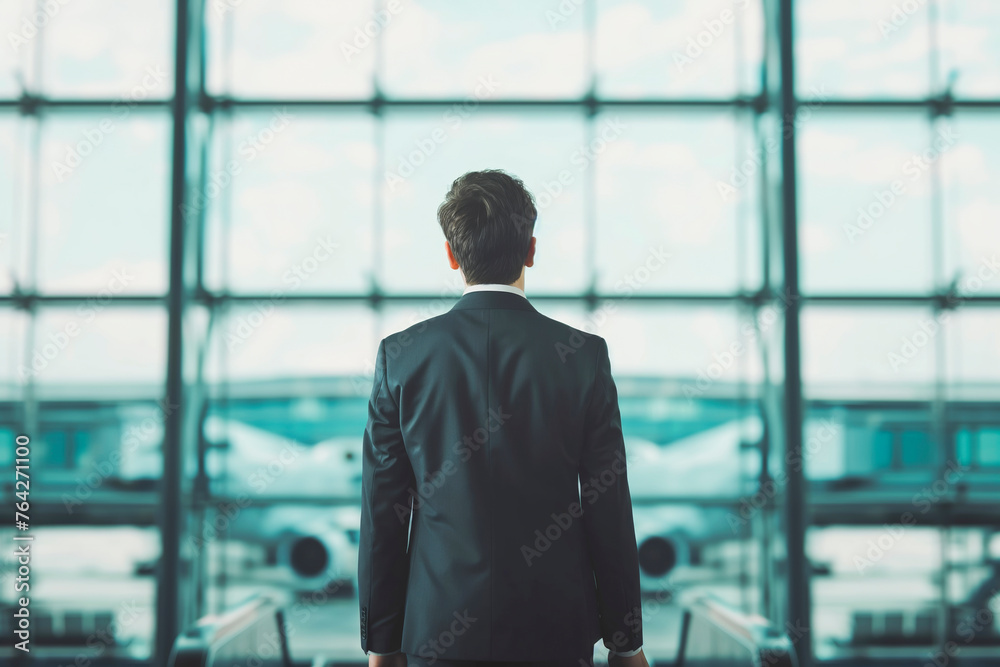Fototapeta premium Rear view of young handsome businessman with luggage in modern airport terminal.