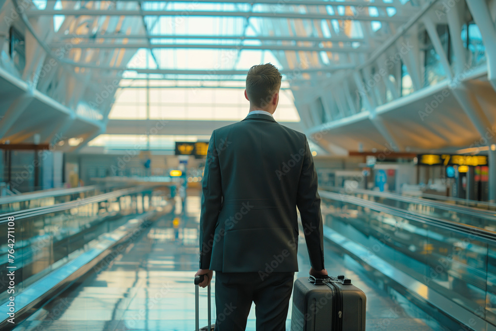 Rear view of young handsome businessman with luggage in modern airport terminal.