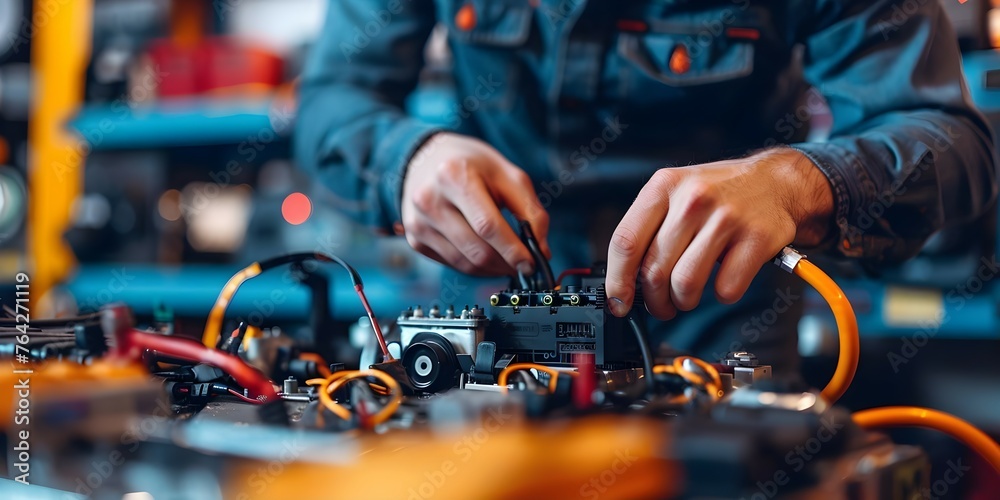 A mechanics hands expertly inspect a cars electrical system during maintenance. Concept Automotive Maintenance, Expert Inspection, Skilled Hands, Electrical System, Car Repair