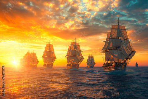 Vintage sailships military ships in the sea