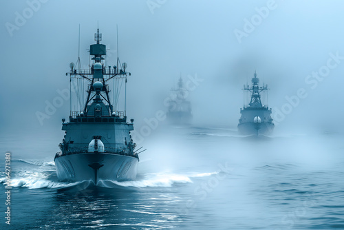 Sailing military ships in the sea