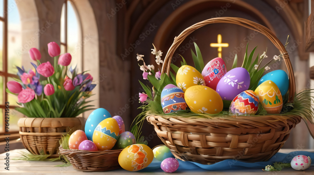 Easter Celebration: A Basket of Colorfully Painted Eggs in a Serene Church Setting