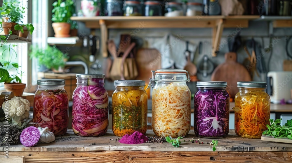 A kitchen scene showcasing the process of fermentation with jars of kombucha, sauerkraut, and other fermented foods as part of an eco-conscious lifestyle A kitchen scene showcasing the process of fermentation with jars of kombucha, sauerkraut, and other fermented foods as part of an eco-conscious lifestyle