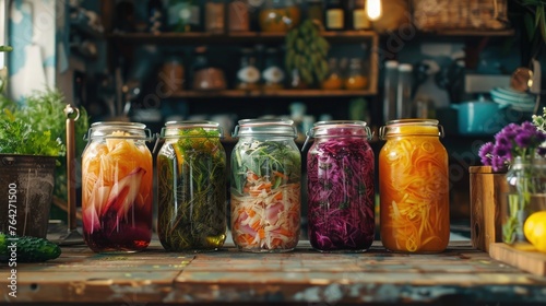A kitchen scene showcasing the process of fermentation with jars of kombucha, sauerkraut, and other fermented foods as part of an eco-conscious lifestyle photo