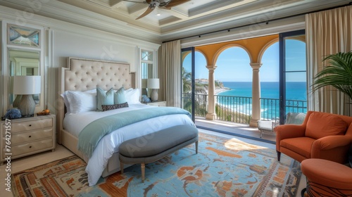 Bedroom With Large Bed and Ocean View © olegganko