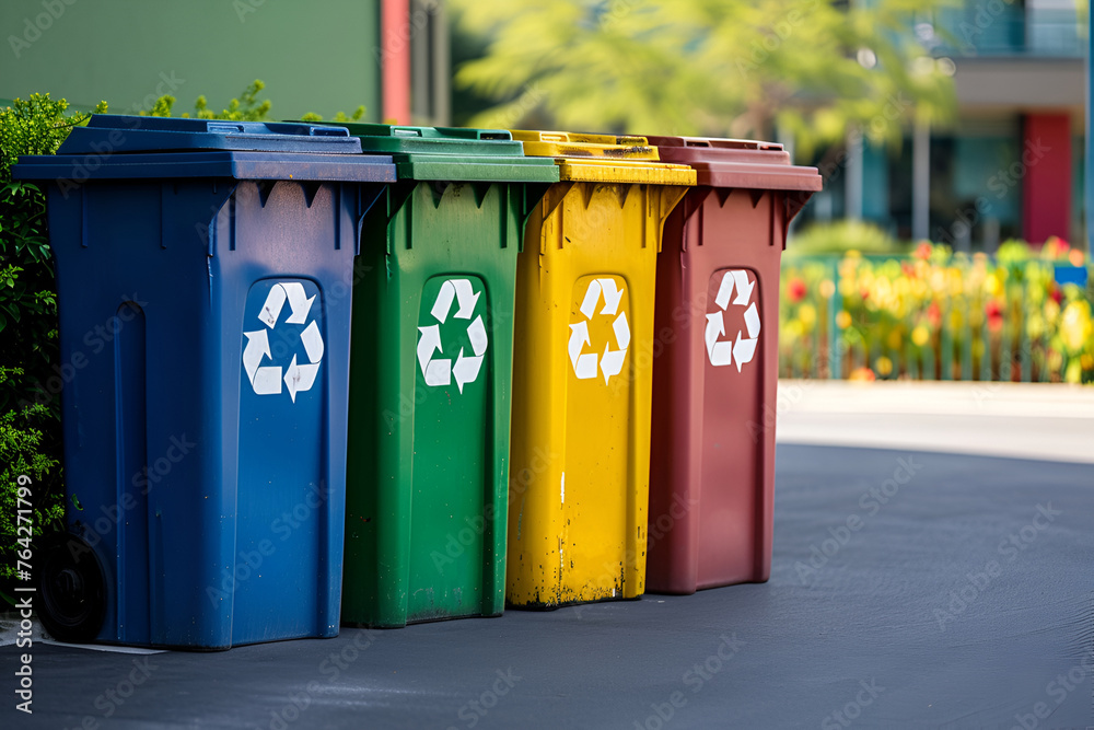 Colored garbage cans with the symbol of recycling, sorting garbage