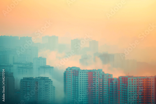 Smog city from PM 2.5 dust, Cityscape of buildings with bad weather and air pollution. Toxic haze in the city, Unhealthy air pollution dust, environment, Blurred image