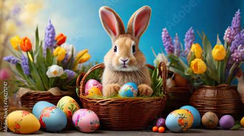 Easter Celebration  A Colorful Display of a Bunny  Eggs  and Spring Flowers