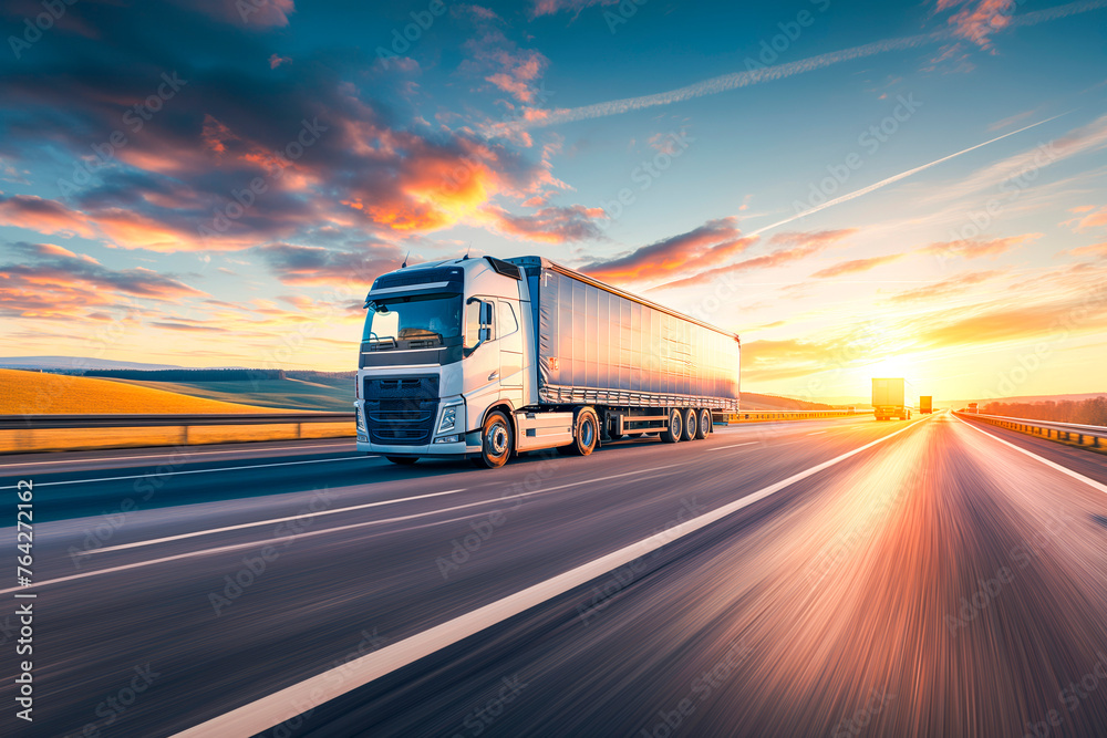 European style truck driving on the asphalt road on highway on sunset background. Goods Delivery, Services and Transport logistics