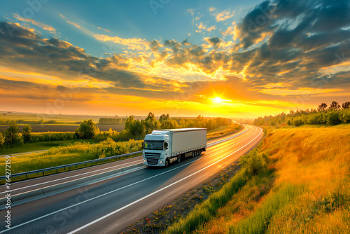 European style truck driving on the asphalt road on highway on sunset background. Goods Delivery, Services and Transport logistics © MVProductions