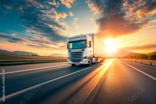 European style truck driving on the asphalt road on highway on sunset background. Goods Delivery, Services and Transport logistics