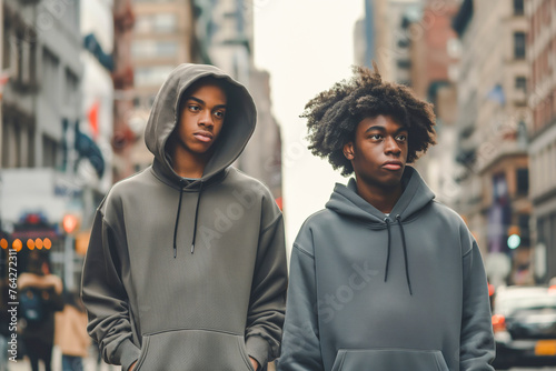 Two Afroamerican teenagers boys in blank hoodies walking in city street