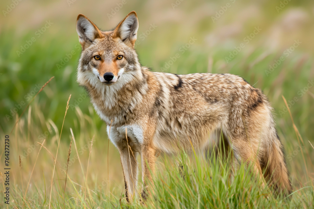 Wild coyotes standing in prairie grass in nature found throughout North America. They're known for their distinctive yipping and howling sounds Wild coyotes standing in prairie grass in nature found throughout North America. They're known for their distinctive yipping and howling sounds
