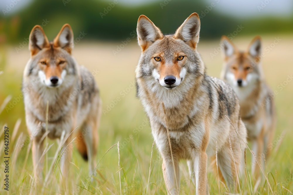 Wild coyotes standing in prairie grass in nature found throughout North America. They're known for their distinctive yipping and howling sounds Wild coyotes standing in prairie grass in nature found throughout North America. They're known for their distinctive yipping and howling sounds