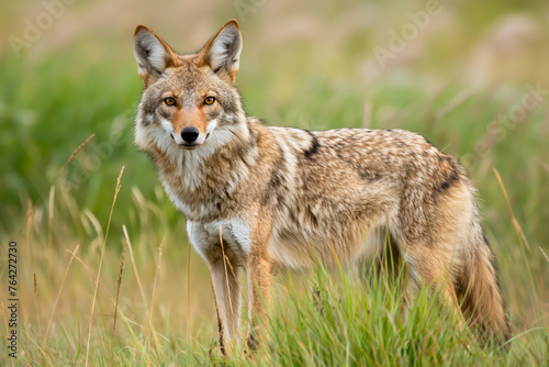 Wild coyotes standing in prairie grass in nature found throughout North America. They re known for their distinctive yipping and howling sounds