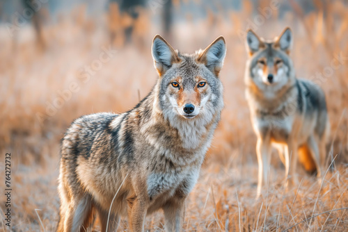 Wild coyotes standing in prairie grass in nature found throughout North America. They're known for their distinctive yipping and howling sounds photo