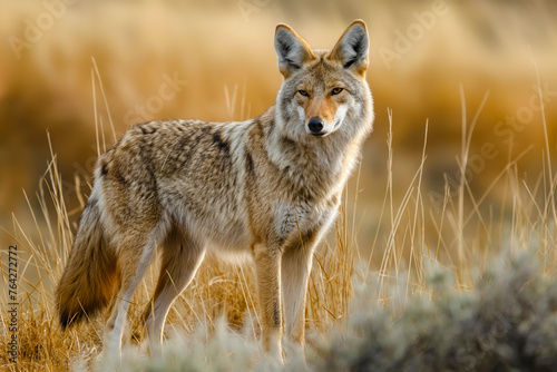 Wild coyotes standing in prairie grass in nature found throughout North America. They're known for their distinctive yipping and howling sounds photo