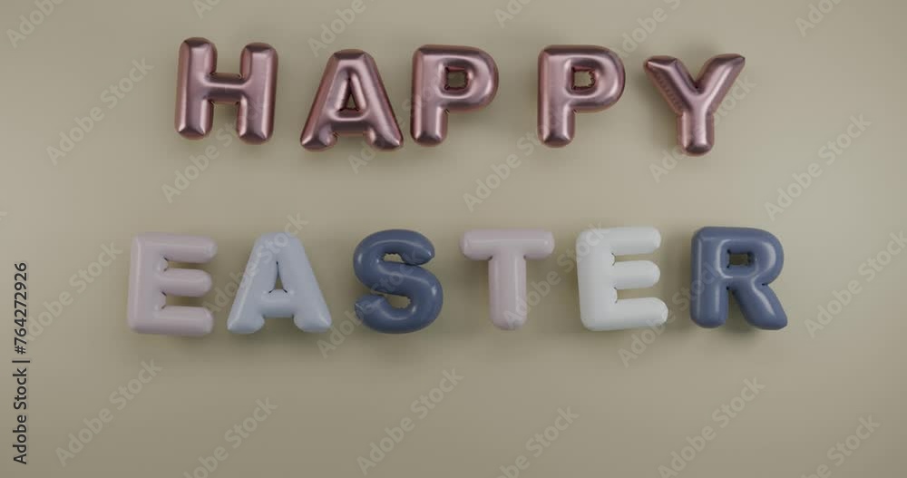 Loop 3d animation. 3d text, Happy Easter. Letters made of inflatable helium balloons move above the surface. Festive background, Easter greetings. Loop 3d animation. 3d text, Happy Easter. Letters made of inflatable helium balloons move above the surface. Festive background, Easter greetings.
