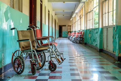 A row of vacant wheelchairs lined up along the hallway, awaiting use, Wheelchairs in a rehabilitation center, AI Generated