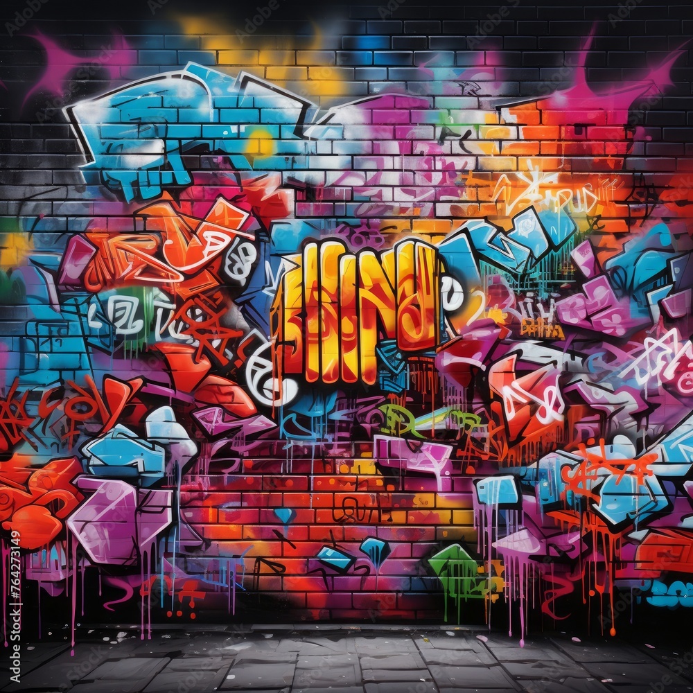 colorful brick wall with graffiti