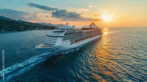 Cruise Ship Sailing in Ocean at Sunset