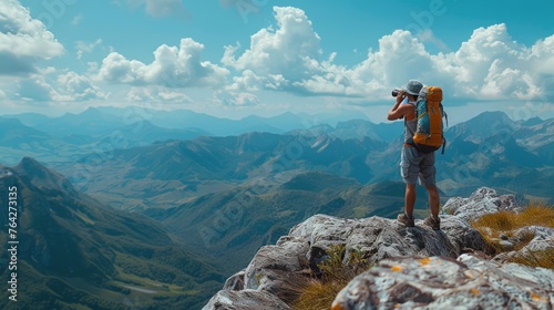 Man Standing on Mountain Top Taking Picture