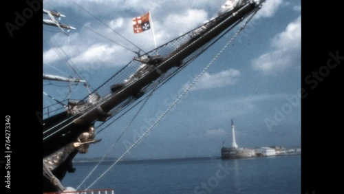 Schooner in Messina 1970 - The Palinuro, a three masted barquentine and a training vessle for the Italian Navy, is moored in the Port of Messina in 1970.  photo