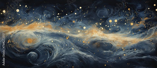 An artwork depicting a vortex of clouds adorned with shimmering golden dots photo